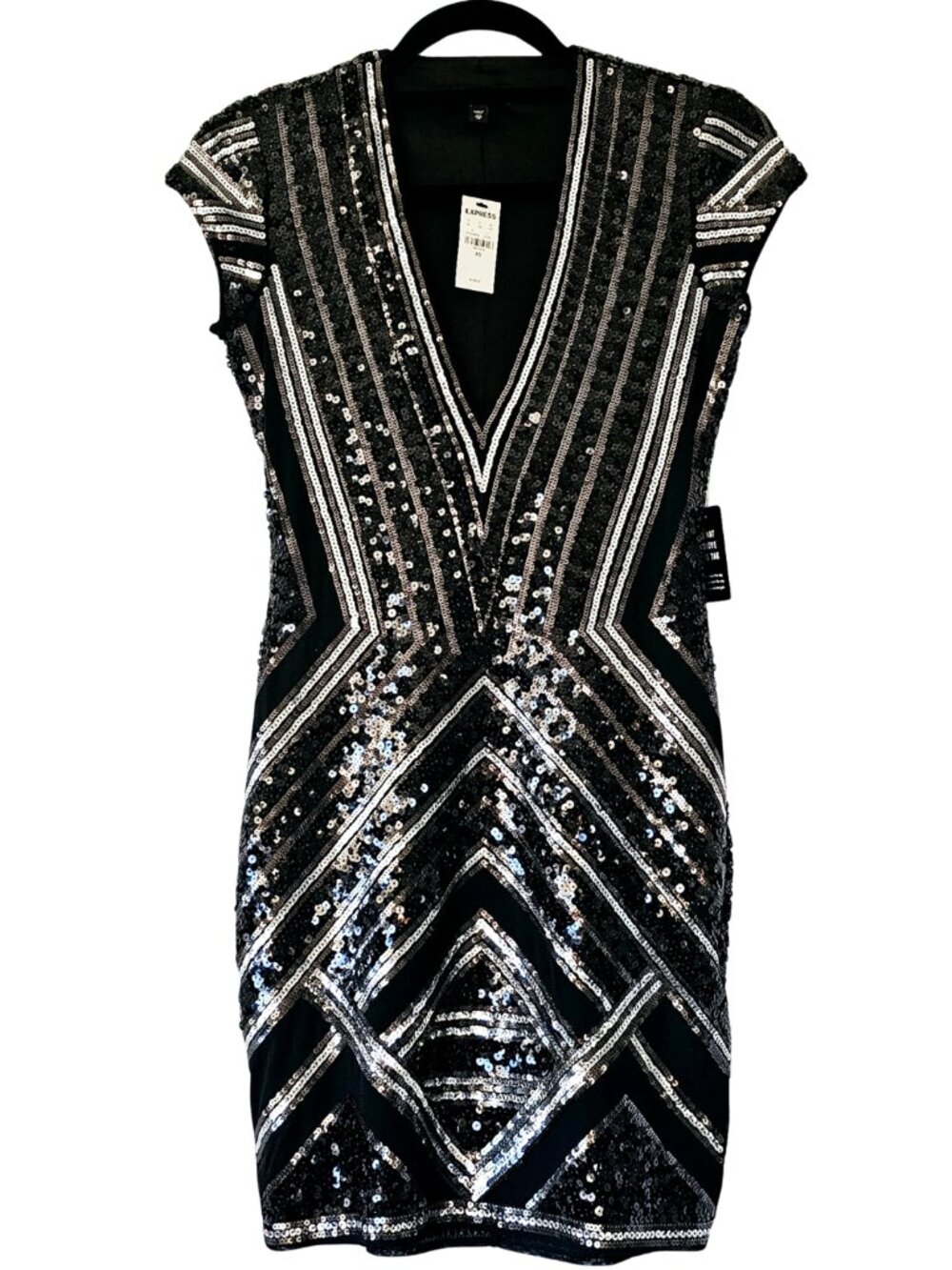 😍 NWT 😍 Express V-Neck Sequin Mini Dress, Black and Silver, Size XS